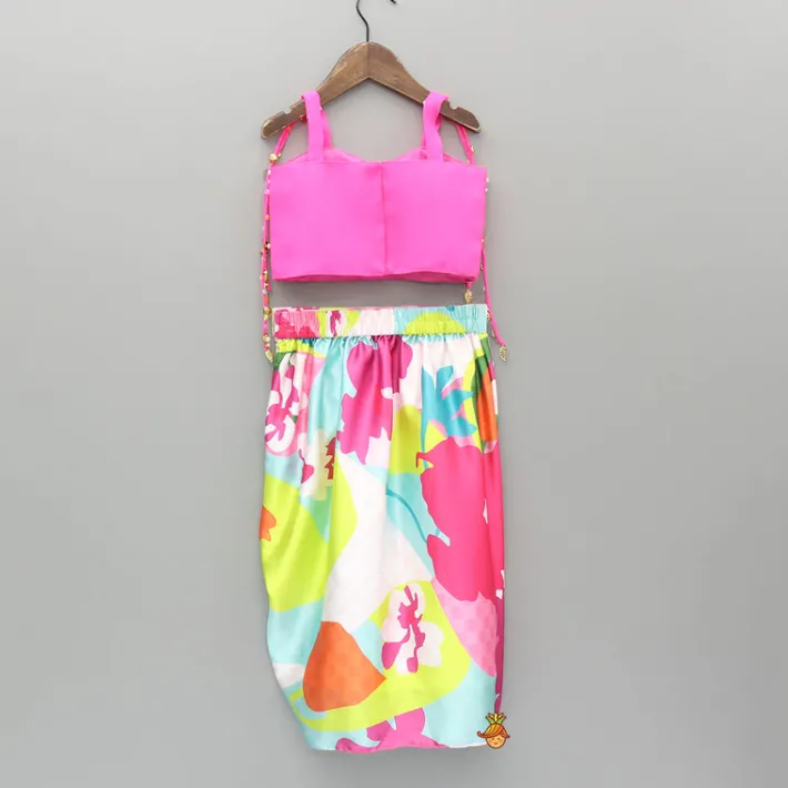Outlet Pink Embellished Strappy Top And Printed Draped Skirt Ethnic Wear | Lehengas & Ghagras
