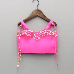 Outlet Pink Embellished Strappy Top And Printed Draped Skirt Ethnic Wear | Lehengas & Ghagras