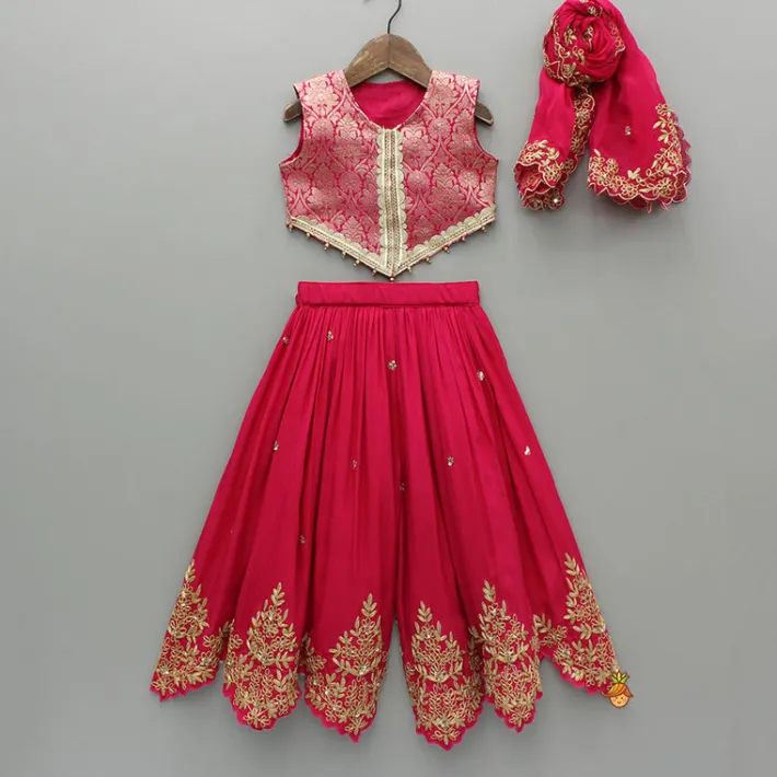 New Pink Embelllished Top And Embroidered Palazzo With Dupatta Ethnic Wear | Palazzos & Shararas