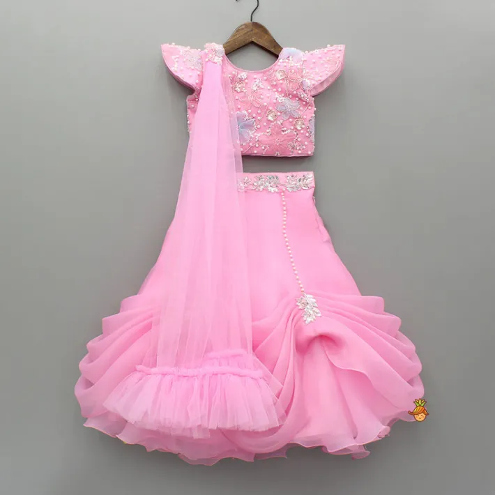 Fashion Pink Embroidered And Embellished Top And Lehenga With Dupatta Ethnic Wear | Lehengas & Ghagras