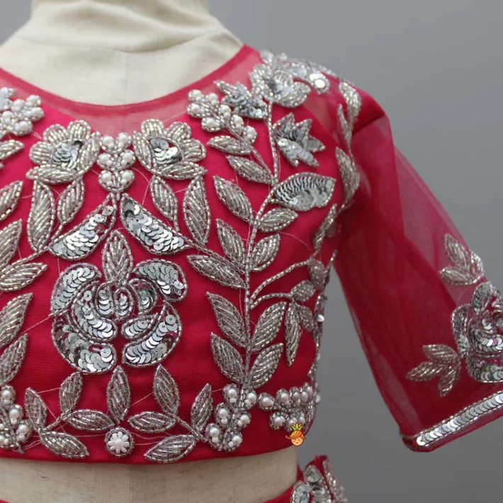 Sale Pink Embroidered Crop Top And Net Layered Lehenga Ethnic Wear | Lehengas & Ghagras