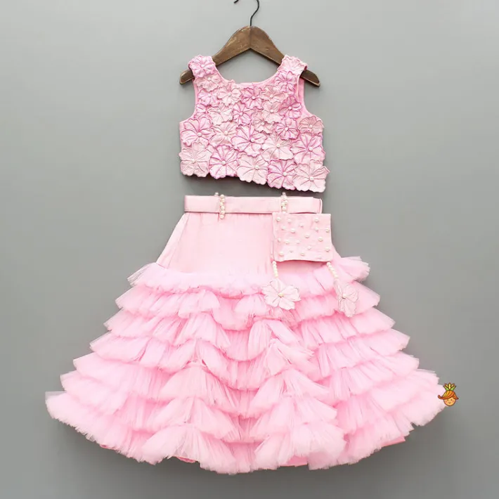 Best Pink Embroidered Flower Embellished Top With Pouch And Frills Layered Lehenga Ethnic Wear | Lehengas & Ghagras