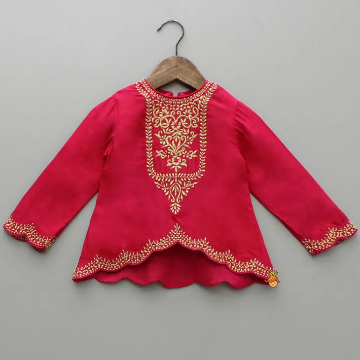Outlet Pink Embroidered High-Low Top With Printed Dhoti Ethnic Wear | Dhotis & Patialas