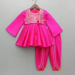 Sale Pink Embroidered Kurti With Attached Jacket And Tulip Pant Ethnic Wear | Churidars & Salwars