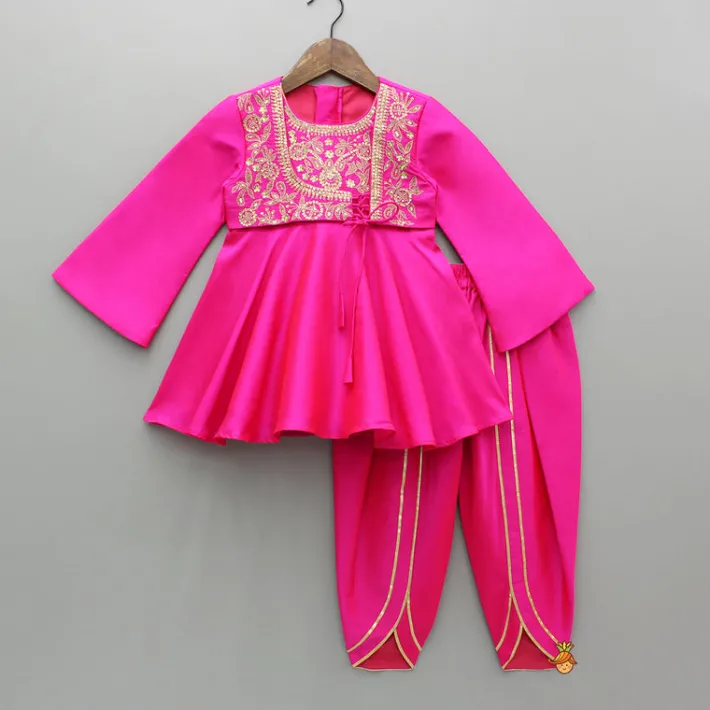 Sale Pink Embroidered Kurti With Attached Jacket And Tulip Pant Ethnic Wear | Churidars & Salwars