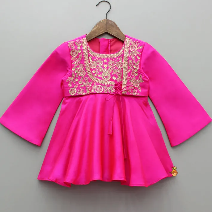 Sale Pink Embroidered Kurti With Attached Jacket And Tulip Pant Ethnic Wear | Churidars & Salwars