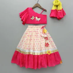 Discount Pink Embroidered One Shoulder Top And Lehenga With Dupatta Ethnic Wear | Lehengas & Ghagras