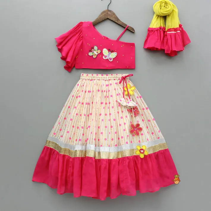 Discount Pink Embroidered One Shoulder Top And Lehenga With Dupatta Ethnic Wear | Lehengas & Ghagras