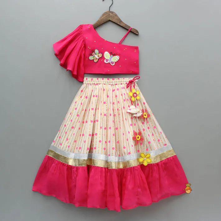 Discount Pink Embroidered One Shoulder Top And Lehenga With Dupatta Ethnic Wear | Lehengas & Ghagras