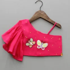 Discount Pink Embroidered One Shoulder Top And Lehenga With Dupatta Ethnic Wear | Lehengas & Ghagras