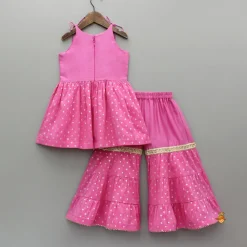 Hot Pink Embroidered Strappy Kurti And Tiered Sharara With Dupatta Ethnic Wear | Palazzos & Shararas
