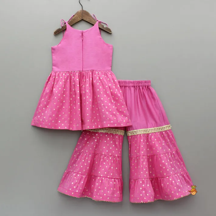 Hot Pink Embroidered Strappy Kurti And Tiered Sharara With Dupatta Ethnic Wear | Palazzos & Shararas