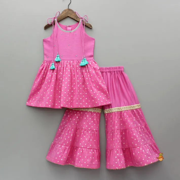 Hot Pink Embroidered Strappy Kurti And Tiered Sharara With Dupatta Ethnic Wear | Palazzos & Shararas