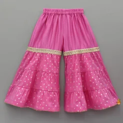 Hot Pink Embroidered Strappy Kurti And Tiered Sharara With Dupatta Ethnic Wear | Palazzos & Shararas