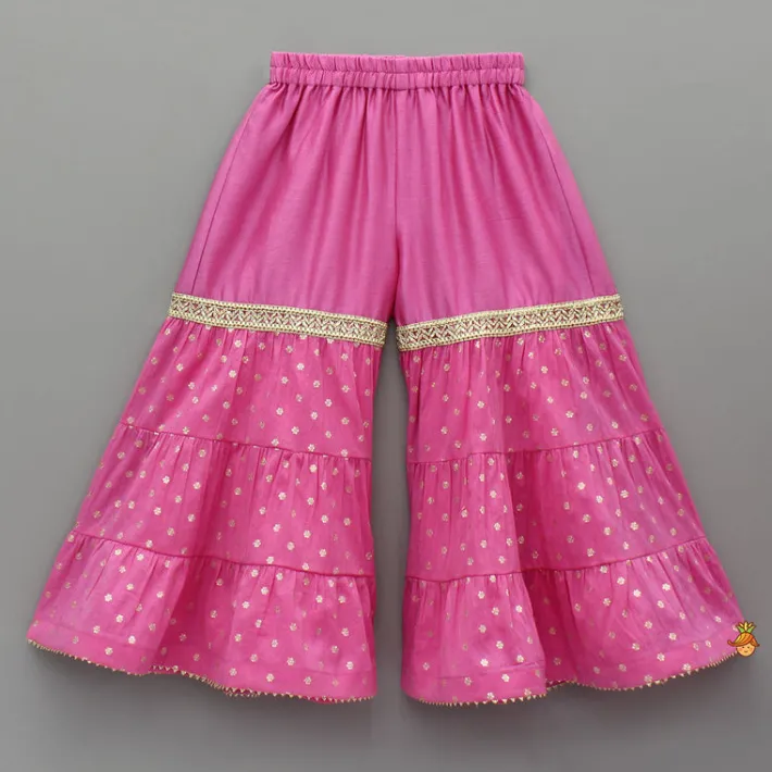 Hot Pink Embroidered Strappy Kurti And Tiered Sharara With Dupatta Ethnic Wear | Palazzos & Shararas