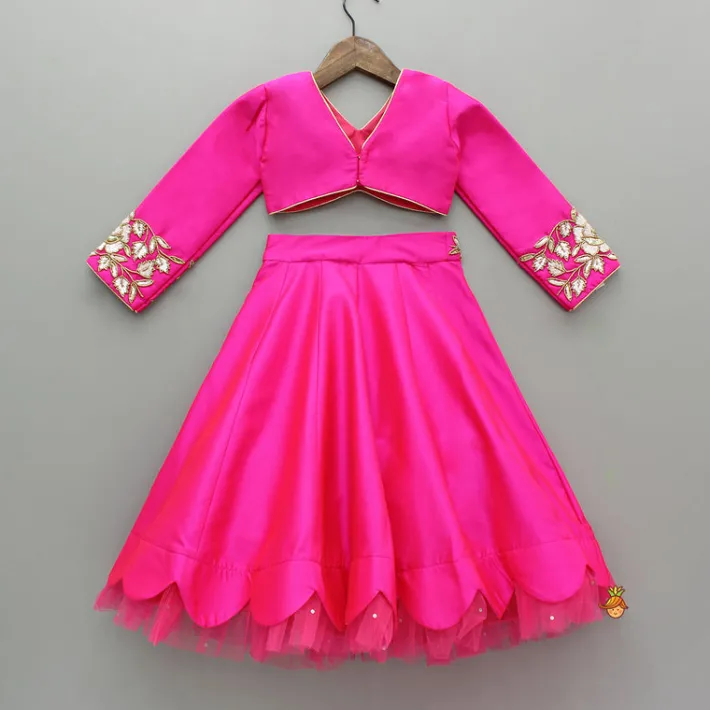 Hot Pink Embroidered Top And Scalloped Hem Lehenga With Dupatta Ethnic Wear | Lehengas & Ghagras