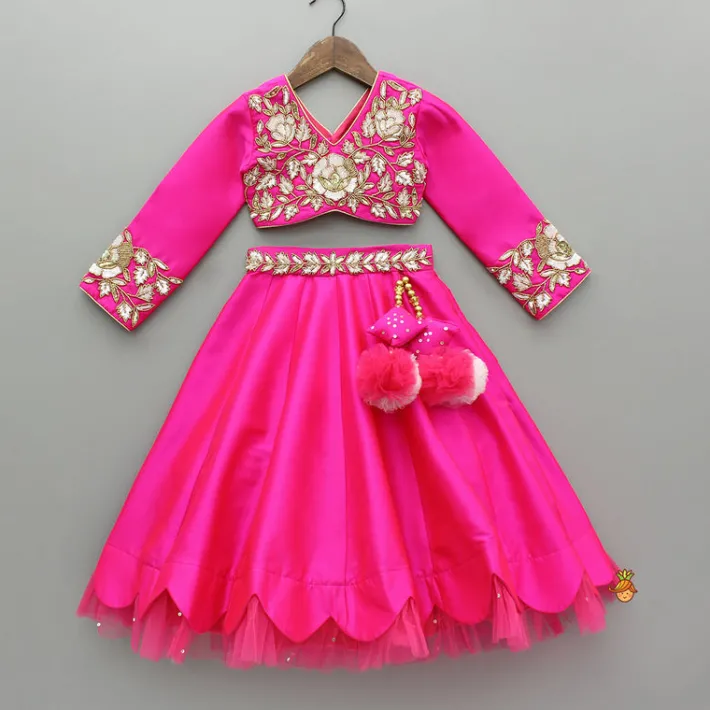 Hot Pink Embroidered Top And Scalloped Hem Lehenga With Dupatta Ethnic Wear | Lehengas & Ghagras