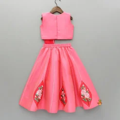 New Pink Floral Embroidered Top With Attached Pleated Dupatta And Lehenga Ethnic Wear | Lehengas & Ghagras