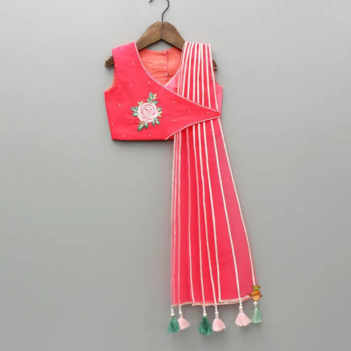 New Pink Floral Embroidered Top With Attached Pleated Dupatta And Lehenga Ethnic Wear | Lehengas & Ghagras