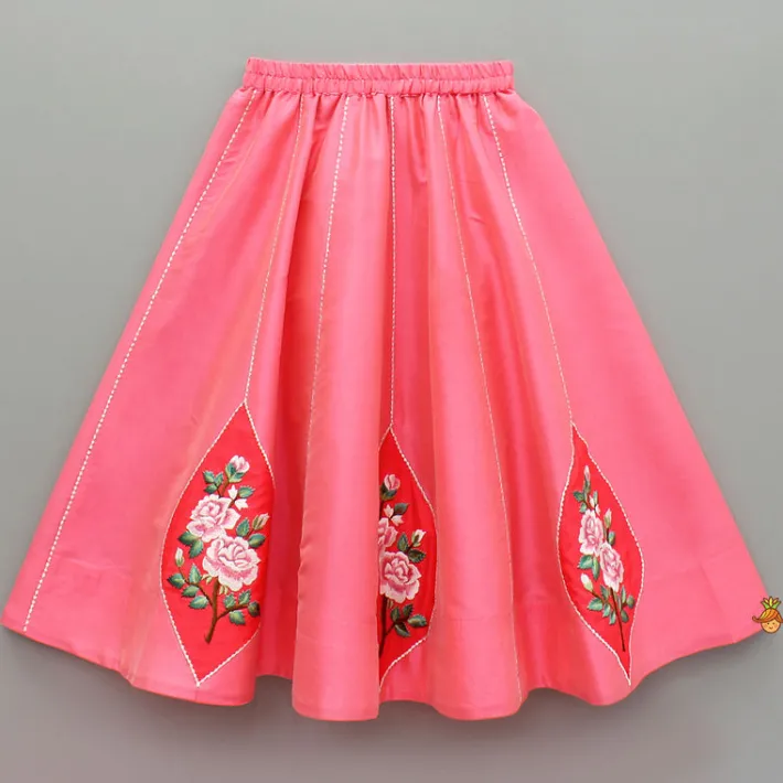 New Pink Floral Embroidered Top With Attached Pleated Dupatta And Lehenga Ethnic Wear | Lehengas & Ghagras