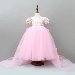 Outlet Pink Floral Printed And Pearl Detailed Gown With Detachable Trail Dresses & Sets | Gowns