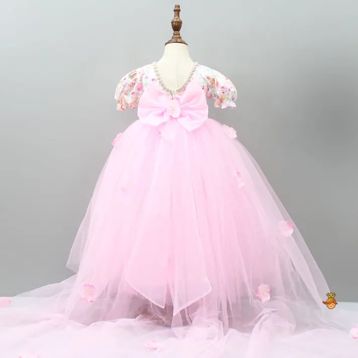 Outlet Pink Floral Printed And Pearl Detailed Gown With Detachable Trail Dresses & Sets | Gowns
