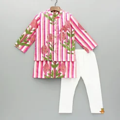 Fashion Pink Floral Printed Kurta With Gota Lace Detailed Jacket And Pyjama BOY Twinning Sets | Indian Ethnic Wear