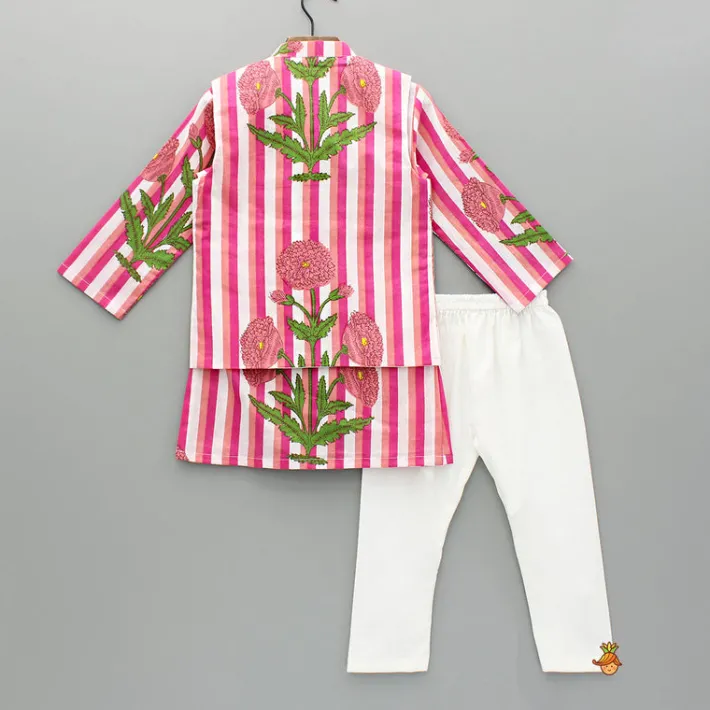 Fashion Pink Floral Printed Kurta With Gota Lace Detailed Jacket And Pyjama BOY Twinning Sets | Indian Ethnic Wear