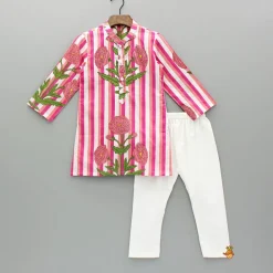 Fashion Pink Floral Printed Kurta With Gota Lace Detailed Jacket And Pyjama BOY Twinning Sets | Indian Ethnic Wear