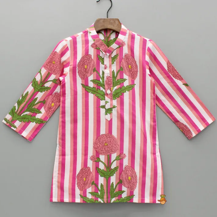 Fashion Pink Floral Printed Kurta With Gota Lace Detailed Jacket And Pyjama BOY Twinning Sets | Indian Ethnic Wear