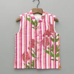 Fashion Pink Floral Printed Kurta With Gota Lace Detailed Jacket And Pyjama BOY Twinning Sets | Indian Ethnic Wear