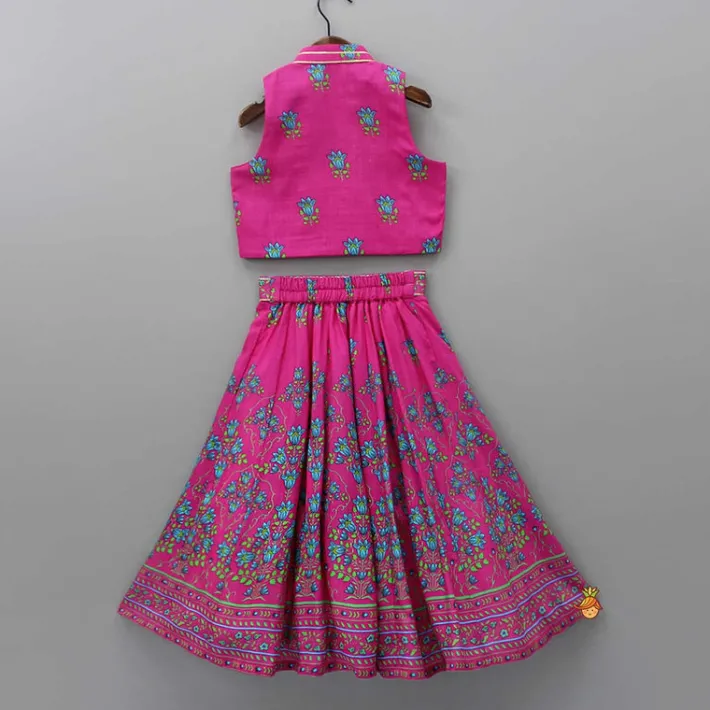 Hot Pink Floral Printed Top And Lehenga With Matching Potli And Net Dupatta Ethnic Wear | Lehengas & Ghagras