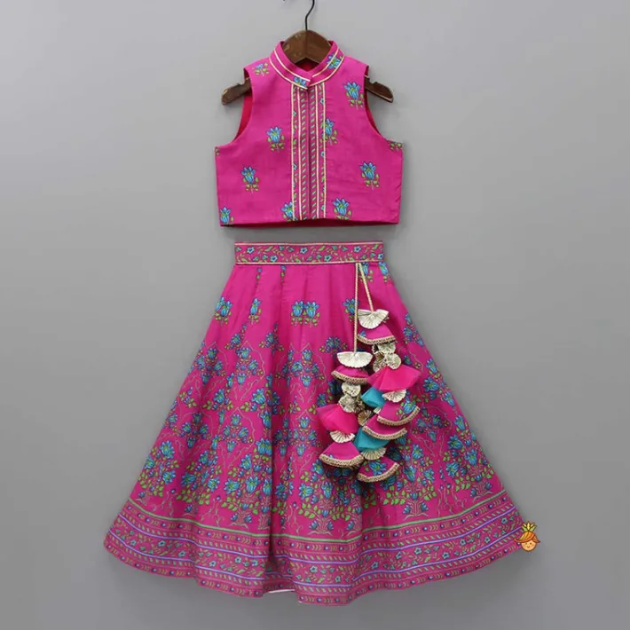 Hot Pink Floral Printed Top And Lehenga With Matching Potli And Net Dupatta Ethnic Wear | Lehengas & Ghagras