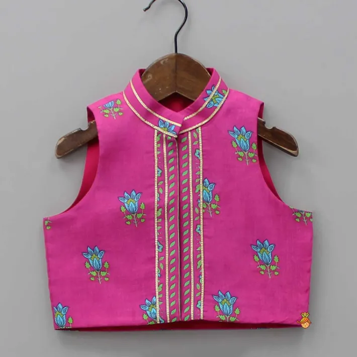 Hot Pink Floral Printed Top And Lehenga With Matching Potli And Net Dupatta Ethnic Wear | Lehengas & Ghagras