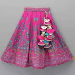 Hot Pink Floral Printed Top And Lehenga With Matching Potli And Net Dupatta Ethnic Wear | Lehengas & Ghagras