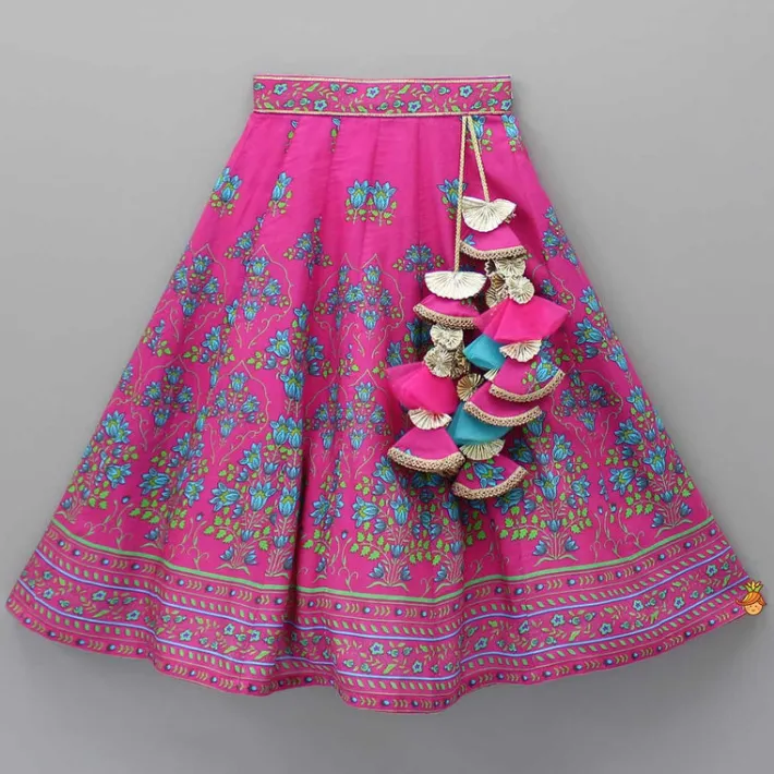 Hot Pink Floral Printed Top And Lehenga With Matching Potli And Net Dupatta Ethnic Wear | Lehengas & Ghagras
