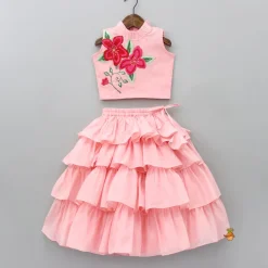 Sale Pink Floral Thread Embroidered Pleated Neck Top With Ruffle Layered Lehenga Ethnic Wear | Lehengas & Ghagras
