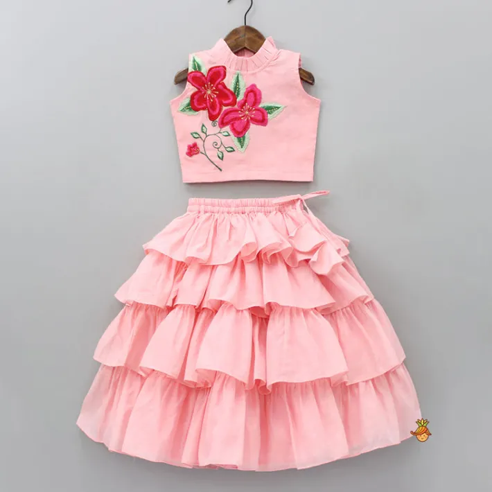 Sale Pink Floral Thread Embroidered Pleated Neck Top With Ruffle Layered Lehenga Ethnic Wear | Lehengas & Ghagras