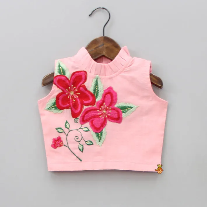 Sale Pink Floral Thread Embroidered Pleated Neck Top With Ruffle Layered Lehenga Ethnic Wear | Lehengas & Ghagras