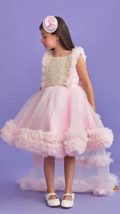 Online Pink Frilled Flared Dress With Detachable Bow And Trail With Head Band Dresses & Sets | Dresses