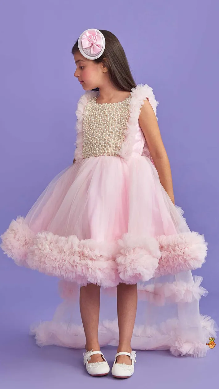 Online Pink Frilled Flared Dress With Detachable Bow And Trail With Head Band Dresses & Sets | Dresses