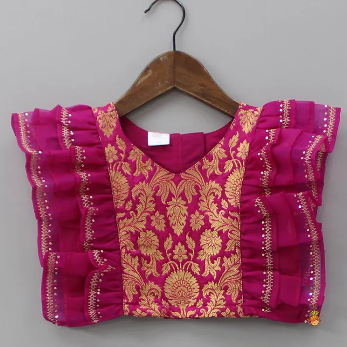 Hot Pink Frilly Brocade Top And Sparkling Lehenga Ethnic Wear | Lehengas & Ghagras