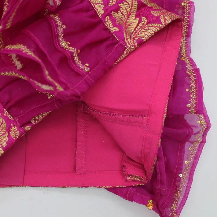 Hot Pink Frilly Brocade Top And Sparkling Lehenga Ethnic Wear | Lehengas & Ghagras