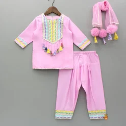 Fashion Pink Gota Lace Work Kurti And Salwar With Matching Dupatta Ethnic Wear | Churidars & Salwars