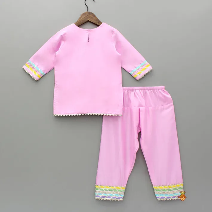 Fashion Pink Gota Lace Work Kurti And Salwar With Matching Dupatta Ethnic Wear | Churidars & Salwars