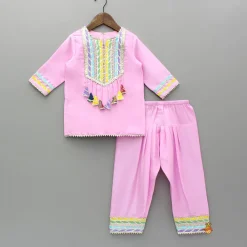 Fashion Pink Gota Lace Work Kurti And Salwar With Matching Dupatta Ethnic Wear | Churidars & Salwars