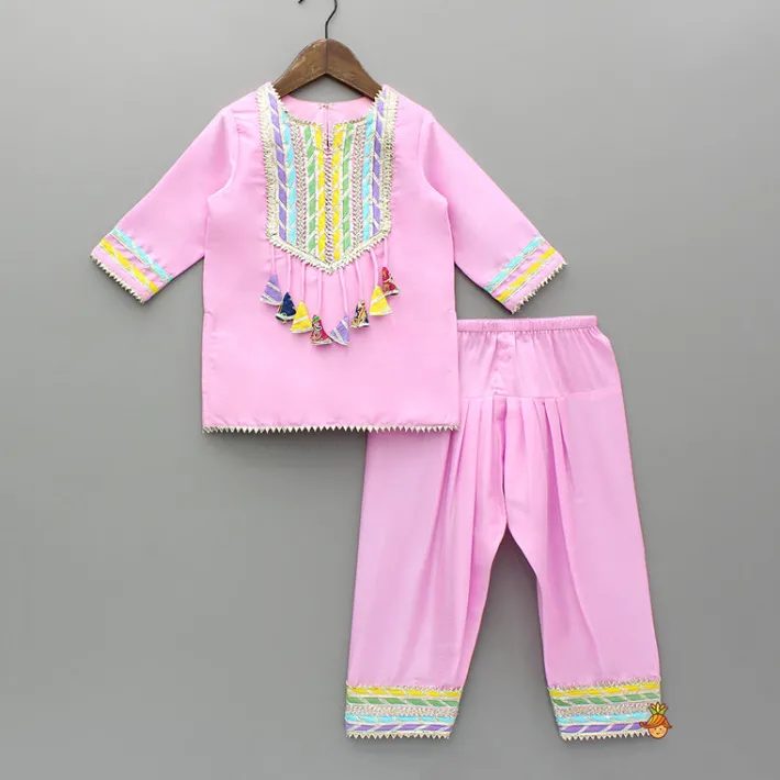 Fashion Pink Gota Lace Work Kurti And Salwar With Matching Dupatta Ethnic Wear | Churidars & Salwars