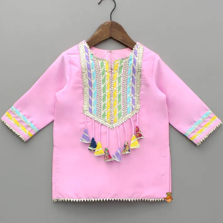 Fashion Pink Gota Lace Work Kurti And Salwar With Matching Dupatta Ethnic Wear | Churidars & Salwars