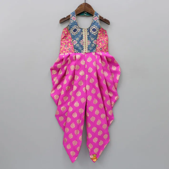 Hot Pink Halterneck Dhoti Style Printed Jumpsuit Ethnic Wear | Kurtis & Jumpsuits