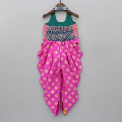 Hot Pink Halterneck Dhoti Style Printed Jumpsuit Ethnic Wear | Kurtis & Jumpsuits